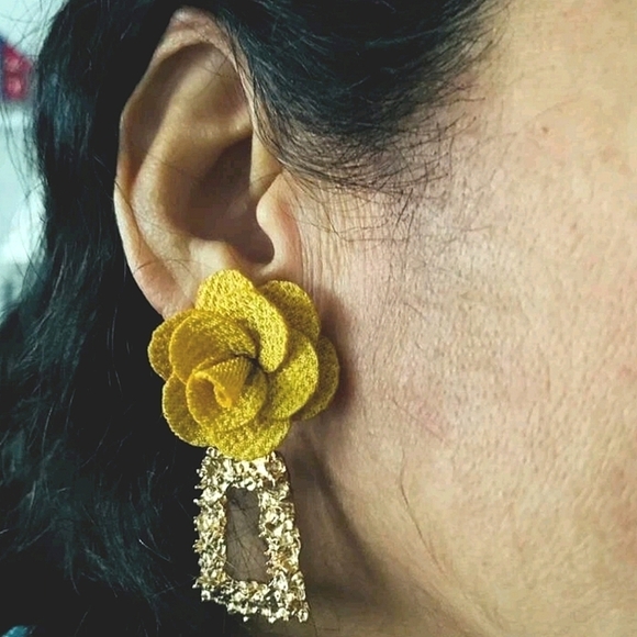 Gold Hoop Statement Earrings Yellow Rose Chunky Boho Dangle Floral 💖2/$30 - Picture 5 of 12